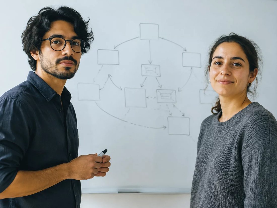 Dupla em pé diante de um quadro branco com o esqueleto de um argumento desenhado
